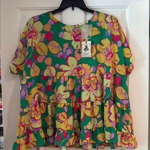 Easel boutique brand Floral Green Babydoll tiered Top NWT large very oversized